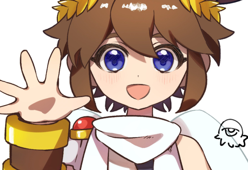1boy, ahoge, androgynous, angel, blue_eyes, bracer, brown_hair, collarbone