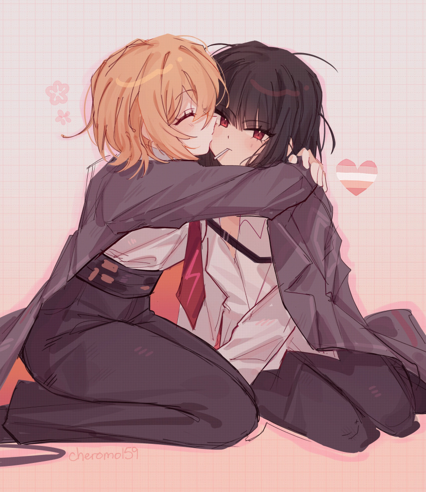2girls, absurdres, black_coat, black_hair, black_pants, blonde_hair, cheromo159, closed_eyes