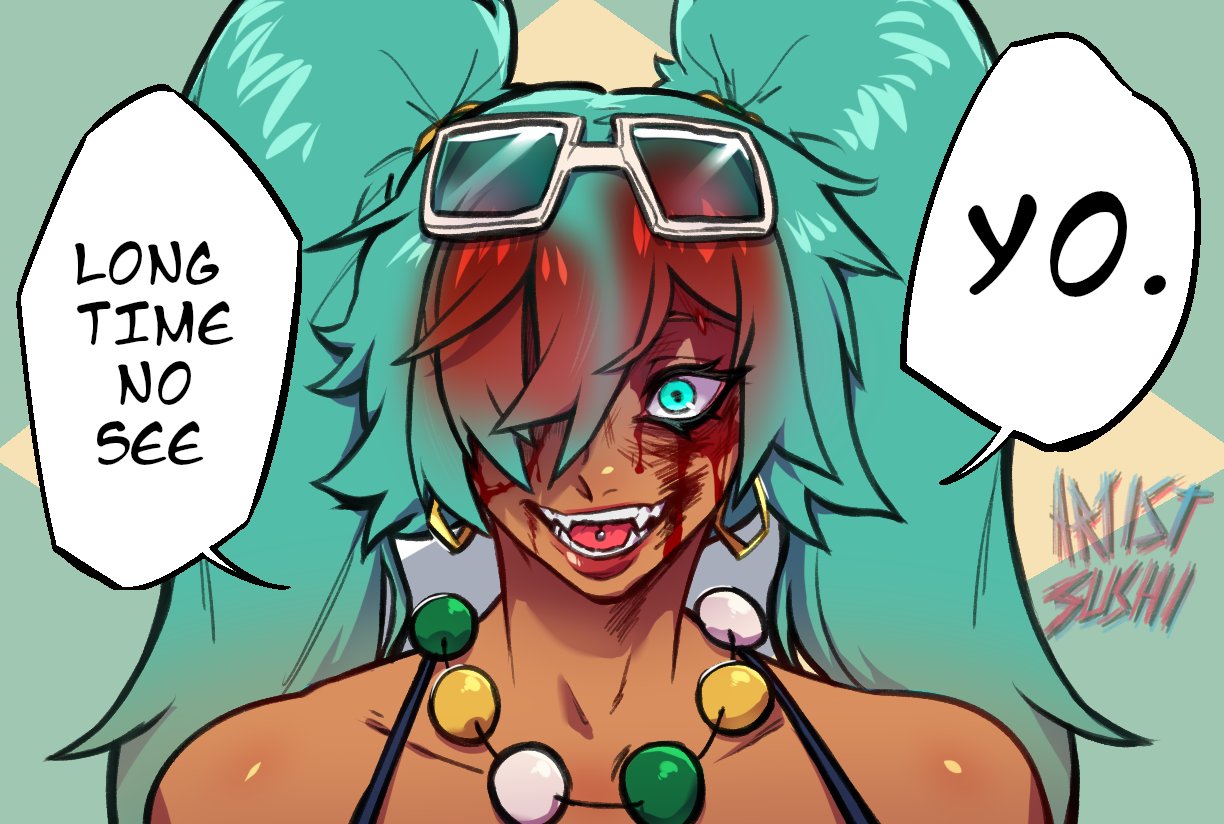 1girl, artistsushi, bead_necklace, beads, black_tank_top, blood, blood_in_hair, blood_on_face, blue_eyes, blue_hair, brazilian_miku, brazilian_twitter_ban, commentary, earrings, english_commentary, english_text, eyewear_on_head, hair_over_one_eye, hatsune_miku, hoop_earrings, jewelry, jujutsu_kaisen, necklace, piercing, signature, solo, speech_bubble, tank_top, tongue_piercing, twintails, vocaloid