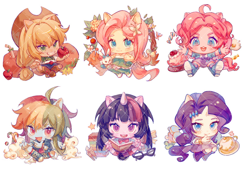6+girls, ahoge, angel_bunny, animal_ears, apple, applejack, applejack_(equestria_girls), aqua_eyes