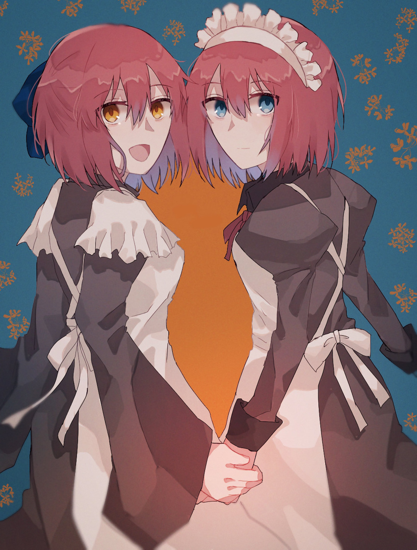 2girls, :d, absurdres, apron, back_bow, black_dress, blue_background, blue_bow