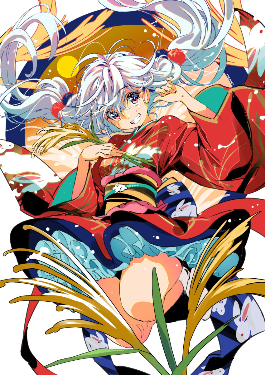 1girl, frilled_skirt, frills, highres, japanese_clothes, kimono, long_hair, orange_eyes