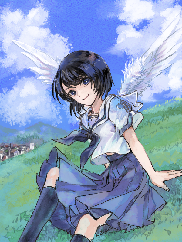 1girl, black_hair, blue_eyes, blue_neckerchief, blue_skirt, blue_sky, blue_socks, bright_pupils