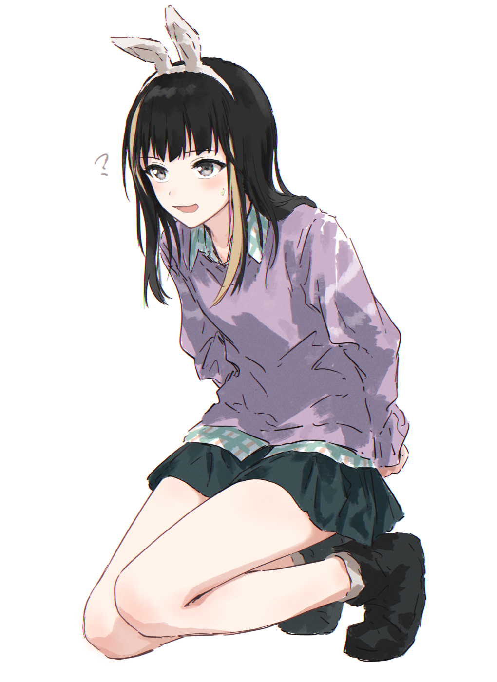 1girl, :d, ?, animal_ear_hairband, animal_ears, arms_behind_back, azai_eimi, black_footwear, black_hair, black_skirt, blush, brown_hair, brown_sweater, bullfalk, collared_shirt, d4dj, fake_animal_ears, green_shirt, hairband, highres, kneeling, long_hair, miniskirt, multicolored_hair, open_mouth, plaid_clothes, plaid_shirt, rabbit_ear_hairband, rabbit_ears, shirt, skirt, smile, solo, streaked_hair, sweatdrop, sweater, white_hairband