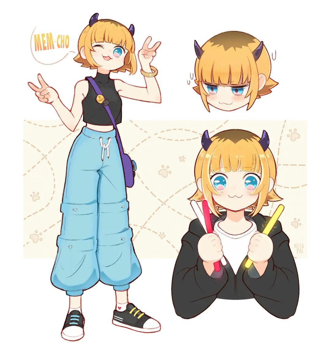 1girl, :3, bag, baggy_pants, black_hoodie, blonde_hair, blue_eyes, blue_pants