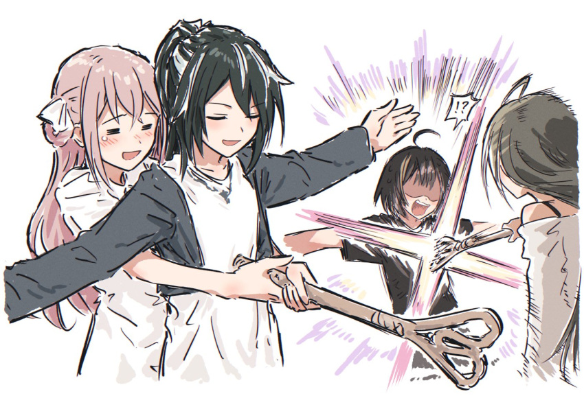 !?, 4girls, =_=, a_bad_cynic_doggo, ahoge, azai_eimi, bessyo_bell, black_hair