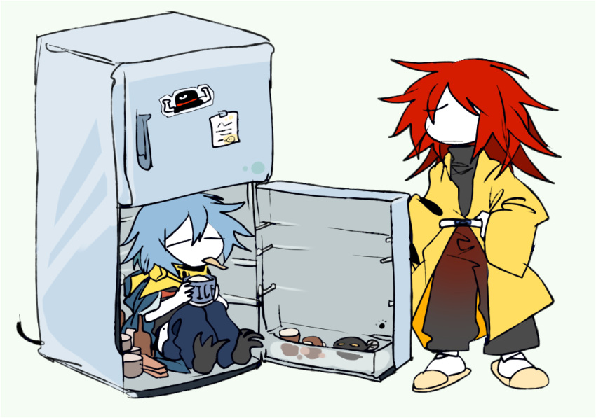 2others, belt, black_pants, black_sweater, blue_cape, blue_hair, blue_pants, cape