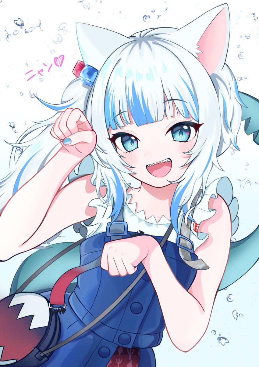 1girl, animal_ears, blue_eyes, cat_ears, fins, fish_tail, gawr_gura, gawr_gura_(casual), hair_ornament, highres, hololive, hololive_english, kouyuki_umika, looking_at_viewer, multicolored_hair, official_alternate_costume, open_mouth, shark_girl, shark_tail, sharp_teeth, shirt, side_ponytail, smile, solo, tail, teeth, virtual_youtuber, white_background