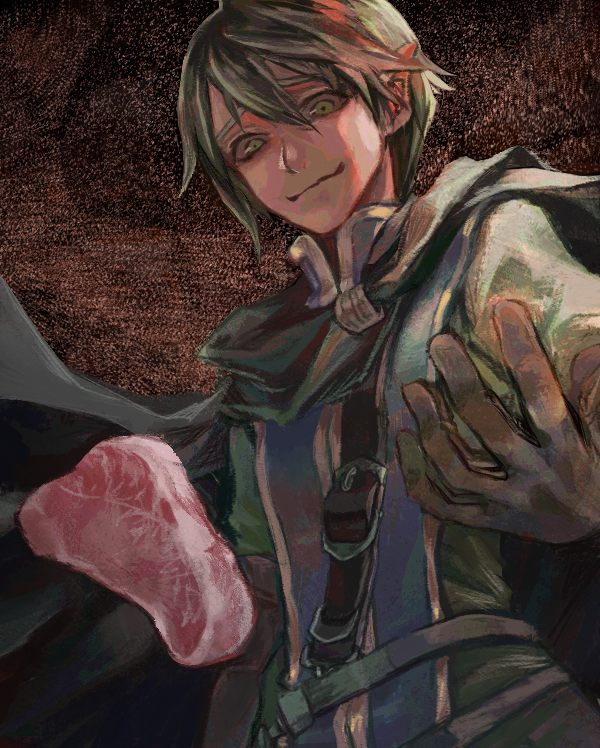 1boy, brown_gloves, cape, closed_mouth, elona, food, furrowed_brow, gloves