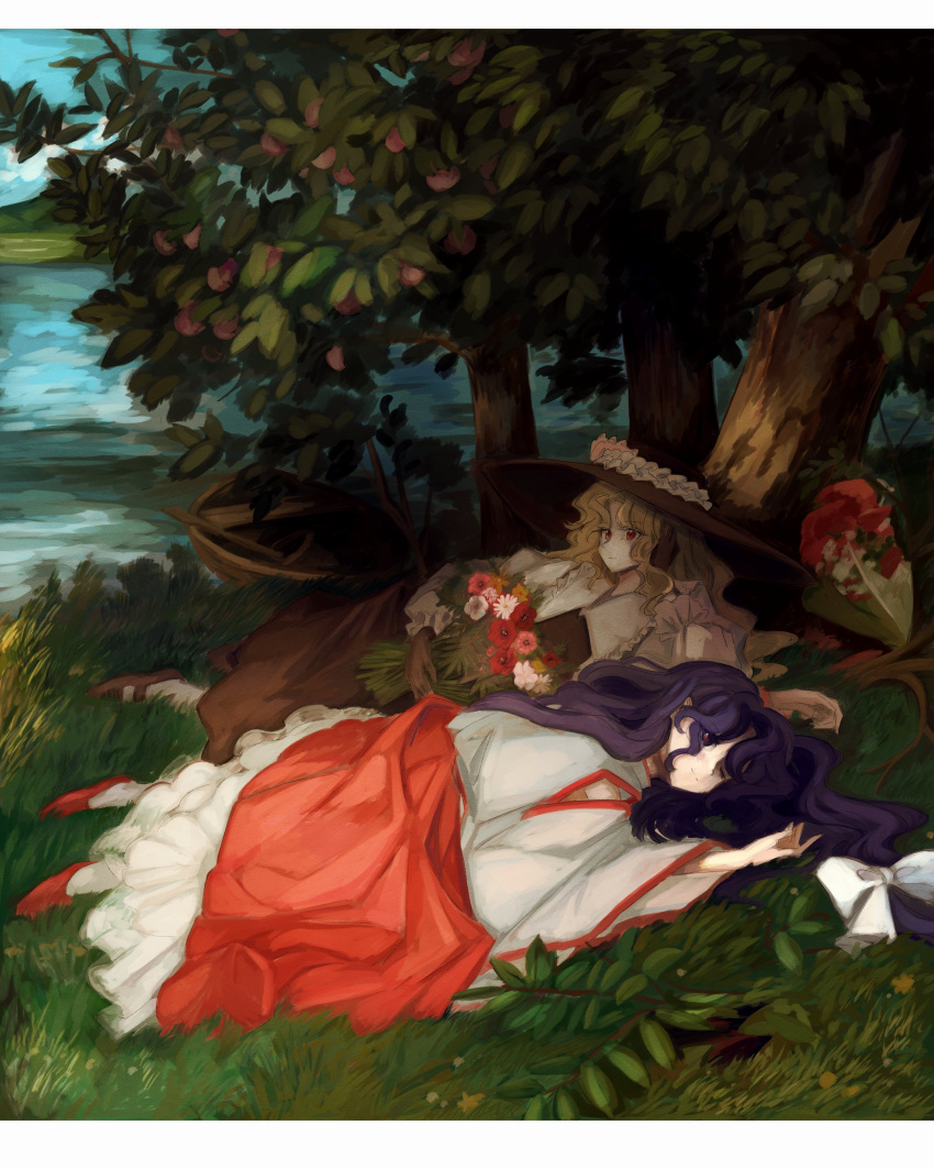 2girls, absurdres, bare_shoulders, blonde_hair, blue_hair, boat, brown_footwear, brown_hat