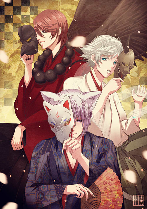 3boys, animal_ears, bird_wings, blue_eyes, brown_hair, brown_wings, feathered_wings, fingernails