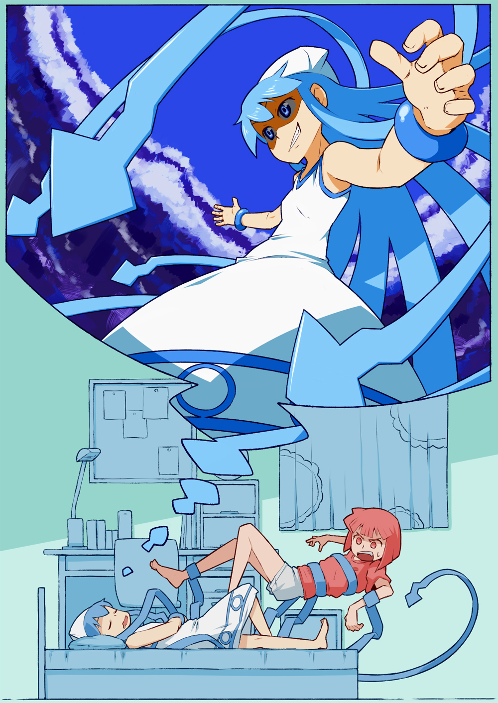 barefoot, bed, blue_eyes, blue_hair, brown_eyes, brown_hair, dreaming, drooling