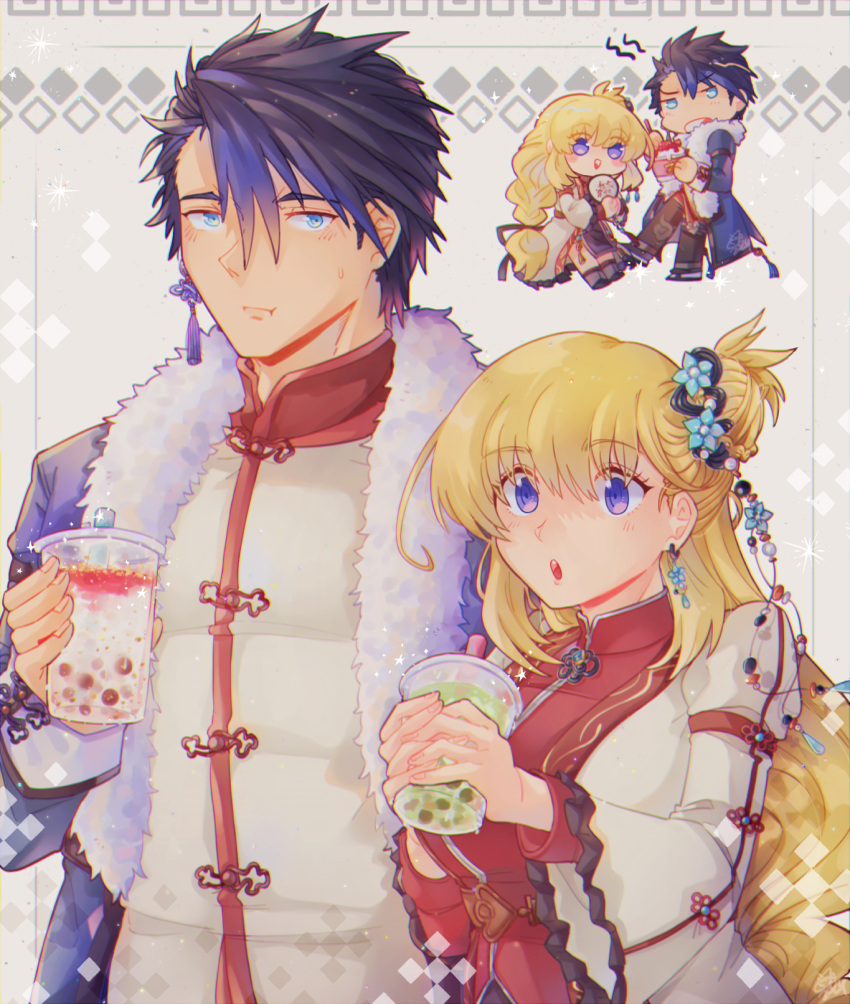 1boy, 1girl, agnes_claudel, black_hair, blonde_hair, blue_eyes, bubble_tea, bun_with_braided_base
