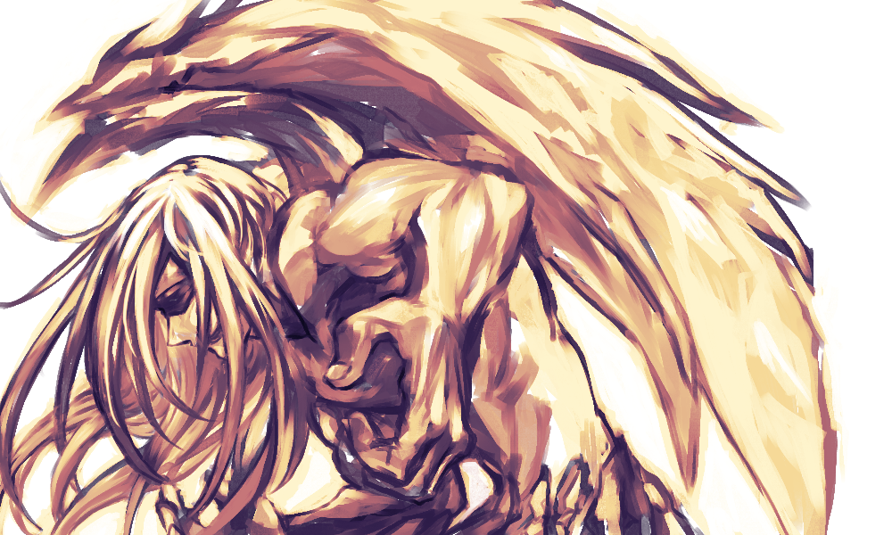 1boy, blindfold, elona, from_side, hunched_over, long_hair, male_focus, mimimikan