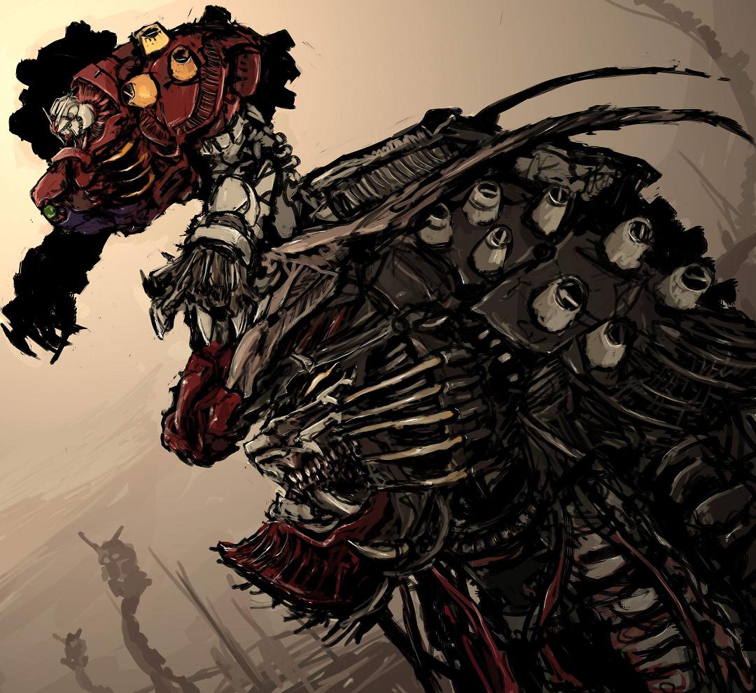 armor, biomechanical, biopunk, black_armor, blue_armor, cable, claws, clenched_teeth