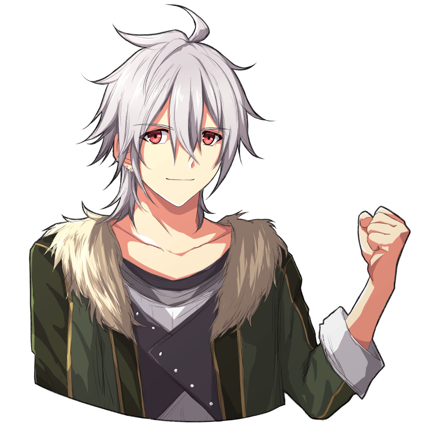 1boy, absurdres, clenched_hand, closed_mouth, collarbone, commentary_request, cropped_torso, crow_armbrust, double-parted_bangs, eiyuu_densetsu, fur-trimmed_jacket, fur_trim, green_jacket, grey_hair, hair_between_eyes, highres, jacket, kai_no_kiseki, konohanaillust, kuro_no_kiseki_(series), male_focus, medium_hair, red_eyes, simple_background, smile, solo, white_background