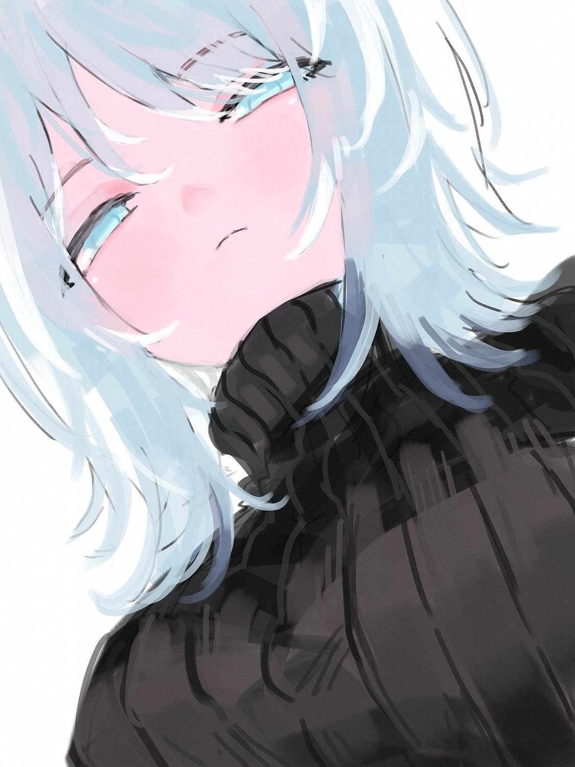 1girl, aqua_eyes, black_sweater, close-up, closed_mouth, eyebrows_hidden_by_hair, faust_(project_moon), from_below