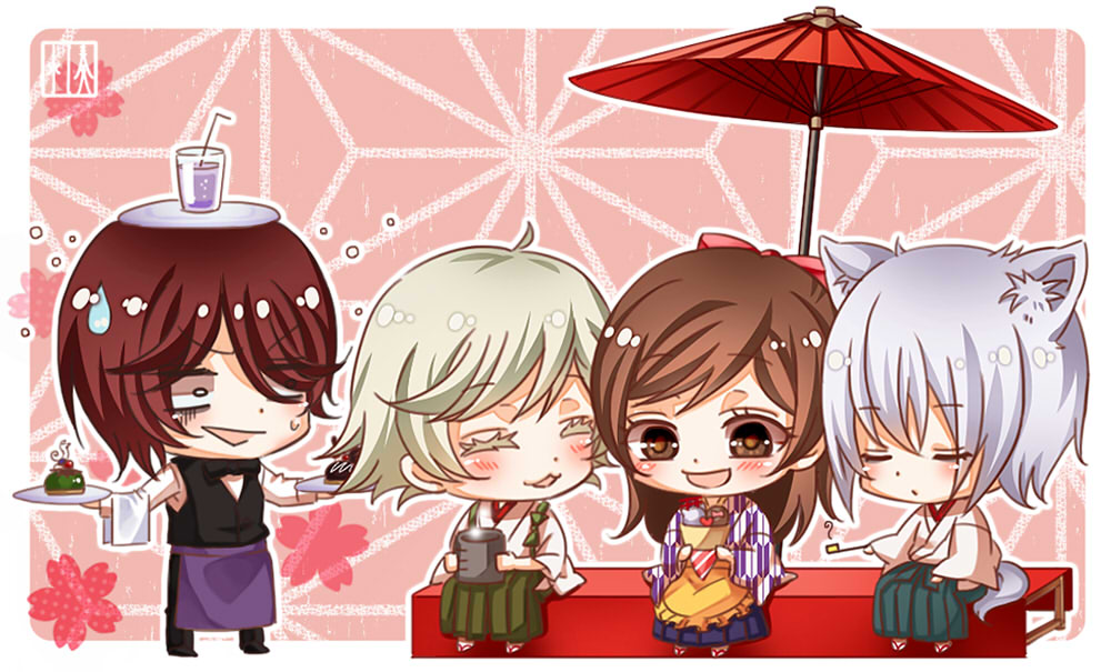 1girl, 3boys, animal_ears, apron, balancing_on_head, brown_eyes, brown_hair, chibi