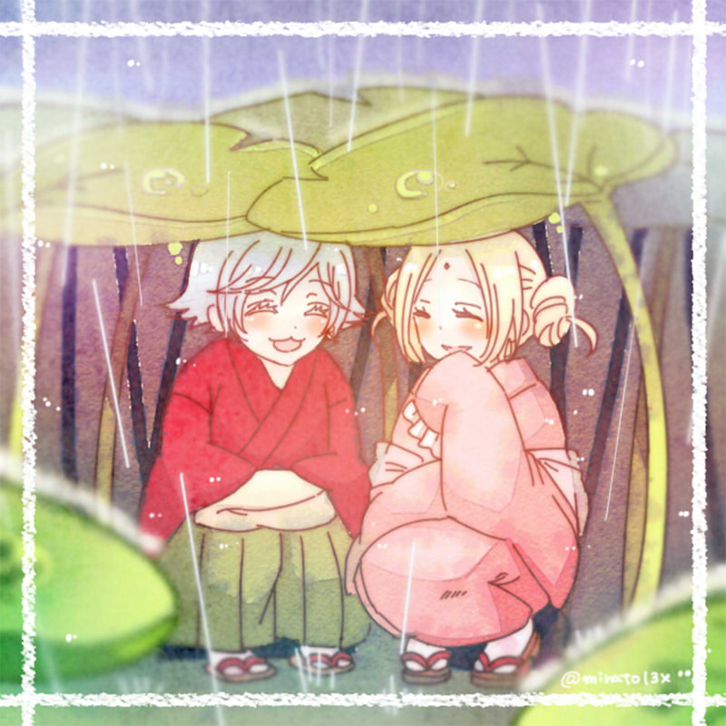 1boy, 1girl, :3, blonde_hair, closed_eyes, commentary_request, full_body, grey_hair