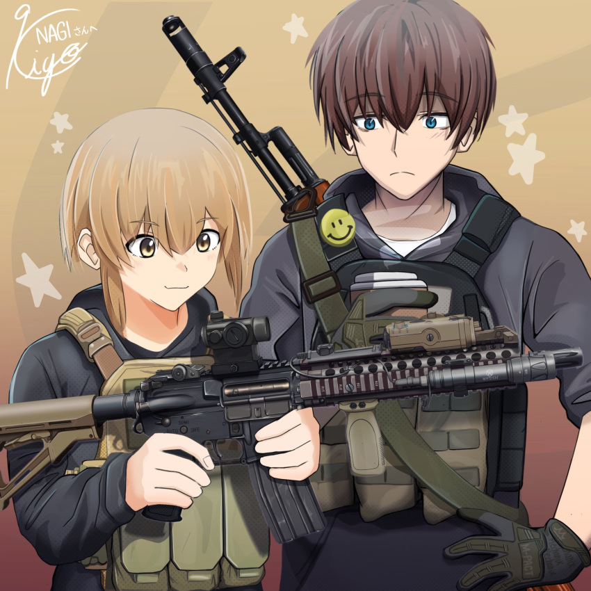 1boy, 1girl, ammunition_pouch, assault_rifle, black_jacket, blue_eyes, brown_background, brown_eyes, brown_hair, bulletproof_vest, gloves, gun, gun_sling, highres, hood, hooded_jacket, jacket, kalashnikov_rifle, m4_carbine, makiyo_shine, medium_hair, original, pouch, rifle, short_hair, weapon