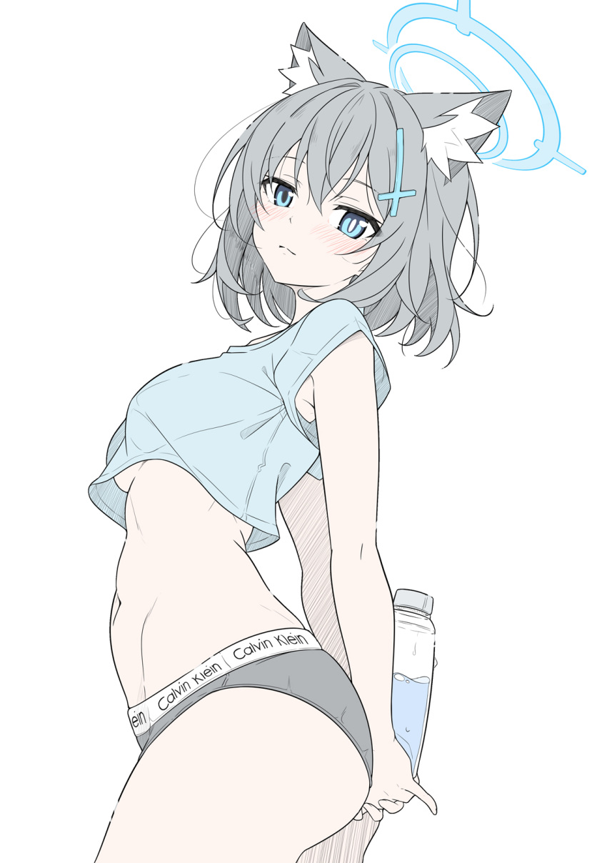1girl, animal_ear_fluff, animal_ears, arms_behind_back, blue_archive, blue_eyes, blue_halo, blue_shirt