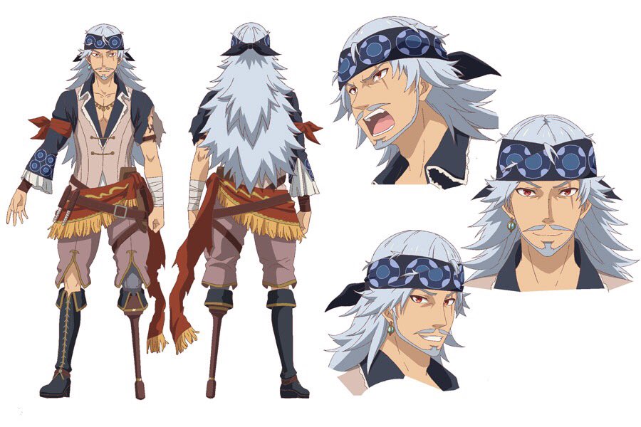 1boy, bandages, bandana, beard, facial_hair, grimms_notes, grimms_notes_the_animation, grin, john_silver_(grimms_notes), kawashima_hisashi, long_hair, male_focus, messy_hair, multiple_views, mustache, official_art, open_mouth, prosthesis, prosthetic_leg, red_eyes, smile, solo, teeth