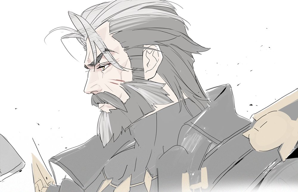 1boy, beard, black_hair, black_jacket, closed_mouth, commentary_request, facial_hair, from_side
