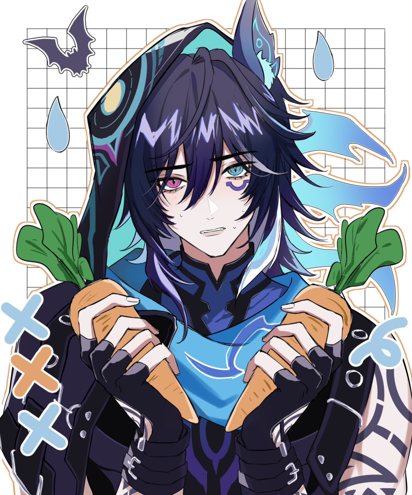1boy, animal_ear_fluff, animal_ears, arm_tattoo, bat_(animal), black_gloves, black_jacket, black_shirt