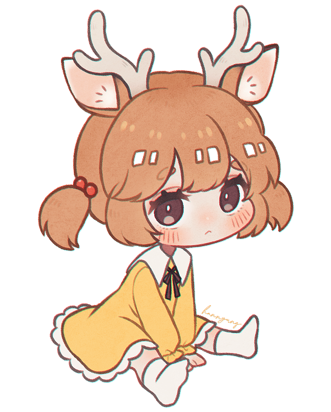 1girl, :<, animal_ears, antlers, arms_between_legs, black_ribbon, blush, brown_eyes, chibi, chibi_only, child, deer_antlers, deer_ears, deer_girl, dress, frilled_dress, frills, hair_bobbles, hair_ornament, hn_(artist), horns, light_brown_hair, light_frown, long_sleeves, looking_at_viewer, low_twintails, neck_ribbon, original, ribbon, short_hair, signature, simple_background, sitting, socks, twintails, v_arms, white_background, white_socks, yellow_dress