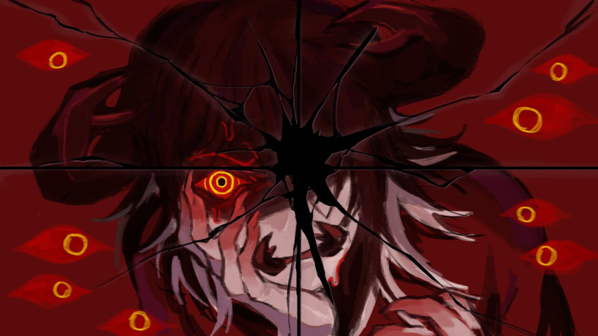 1boy, arthropod_boy, black_hair, colored_sclera, fingernails, hands_up, highres, horns, long_hair, looking_at_viewer, mandibles, multicolored_hair, nendogiyu, pest_(regretevator), red_background, red_sclera, regretevator, ringed_eyes, roblox, sharp_fingernails, simple_background, solo, streaked_hair, white_hair, yellow_eyes