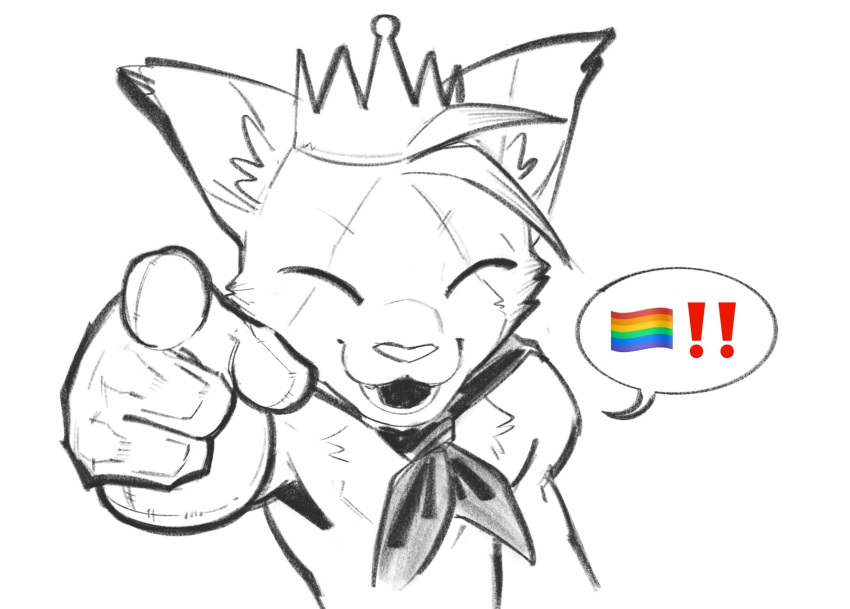 !, 1boy, animal_ear_fluff, animal_ears, artofkurzweil, cait_sith_(final_fantasy), cat_boy, cat_ears, cat_nose, closed_eyes, crown, english_commentary, final_fantasy, final_fantasy_vii, furry, furry_male, gloves, greyscale, highres, looking_at_viewer, male_focus, monochrome, open_mouth, outstretched_arms, pointing, rainbow_flag, scarf, speech_bubble, spoken_emoji, spoken_exclamation_mark, spoken_rainbow_flag, toned, toned_male, upper_body, white_background