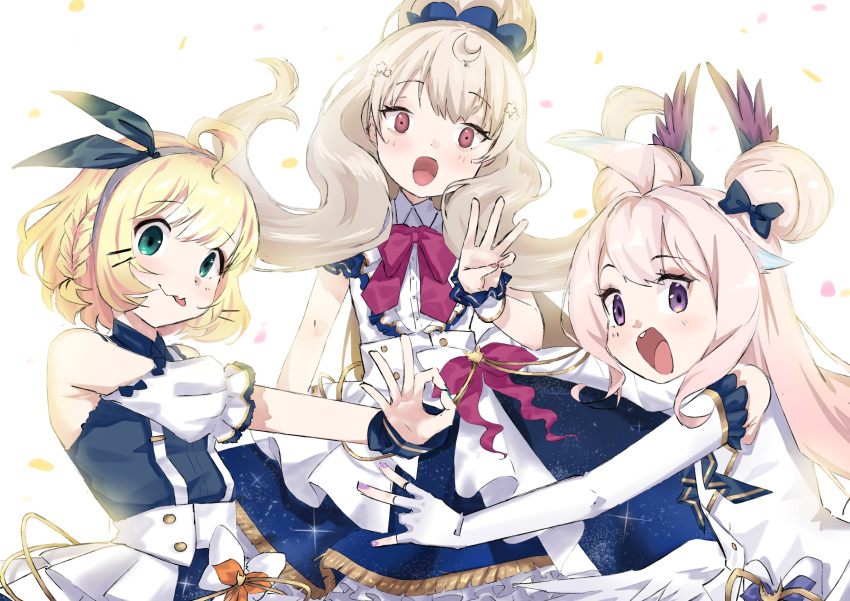 3girls, :o, :p, ahoge, alternate_costume, anniversary, aqua_eyes, aqua_nails, armpit_crease, blush, bow, bowtie, braid, confetti, detached_sleeves, double_bun, english_commentary, enna_alouette, ethyria, finger_counting, fingerless_gloves, gloves, hair_bow, hair_bun, hairband, head_wings, high_ponytail, highres, looking_at_viewer, millie_parfait, momojii_e, multiple_girls, nijisanji, nijisanji_en, open_mouth, pink_nails, purple_nails, red_eyes, reimu_endou, sparkle, tongue, tongue_out, violet_eyes, virtual_youtuber, w, wings