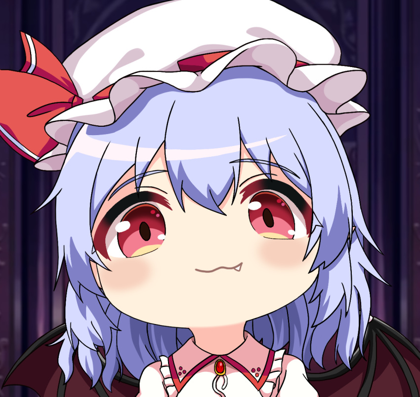 1girl, :3, bat_wings, bilingual_commentary, blue_hair, brooch, chinese_commentary, collared_shirt