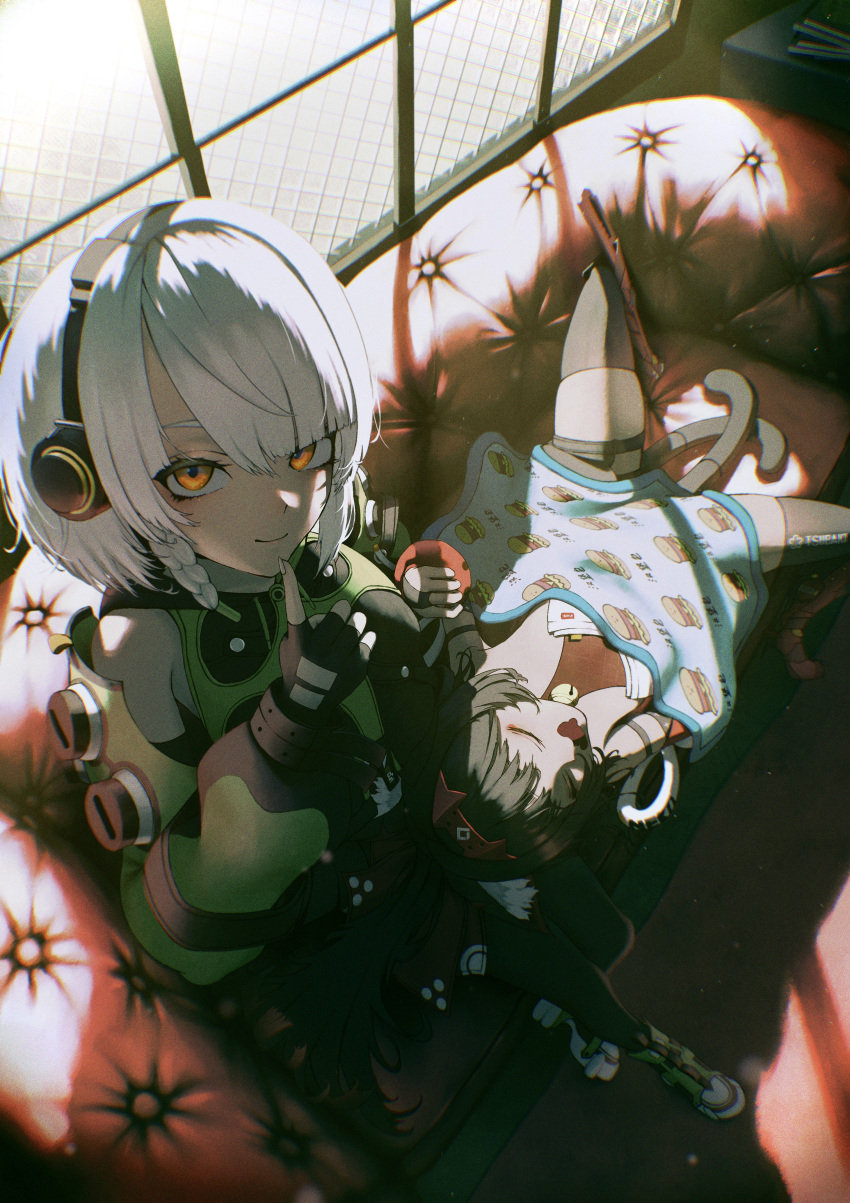2girls, absurdres, anby_demara, animal_ear_fluff, animal_ears, black_gloves, black_hair, braid, brown_eyes, cat_ears, cat_girl, chromatic_aberration, closed_eyes, couch, fingerless_gloves, gloves, headphones, highres, indoors, long_hair, looking_at_viewer, multiple_girls, multiple_tails, nekomiya_mana, on_couch, parted_bangs, quone9u0ne, shadow, side_braid, sitting, sleeping, smile, tail, two_tails, white_hair, window, zenless_zone_zero