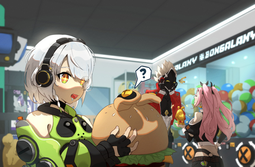 1boy, 2girls, anby_demara, bangboo_(zenless_zone_zero), billy_kid, black_gloves, braid, changlincl