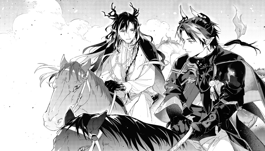 2boys, absurdres, animal, arknights, cape, chinese_commentary, chong_yue_(arknights), chui_(smccc1102813), commentary_request, greyscale, highres, horns, horse, horseback_riding, long_hair, long_sleeves, looking_at_another, male_focus, monochrome, multiple_boys, pointy_ears, profile, riding, robe, wang_(arknights)