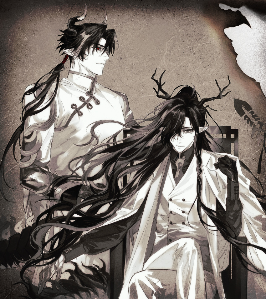 2boys, absurdres, arknights, brown_theme, buttons, chinese_clothes, chinese_commentary, chong_yue_(arknights)