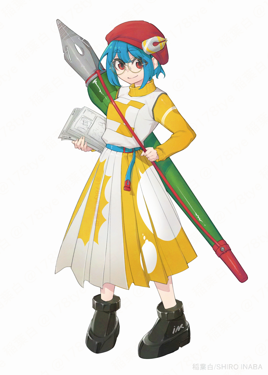 1girl, artist_name, belt, black_footwear, blue_belt, blue_hair, closed_mouth, commentary_request