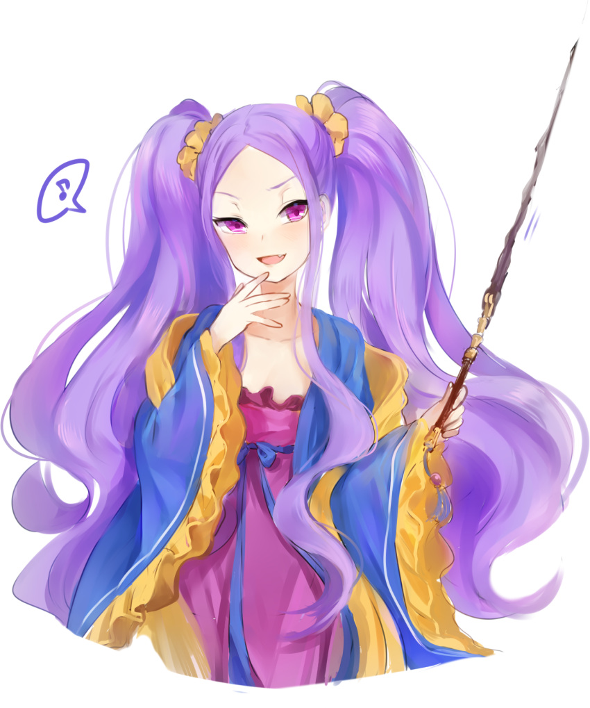 1girl, :d, chinese_clothes, commentary_request, cropped_torso, dress, fang, fate/grand_order