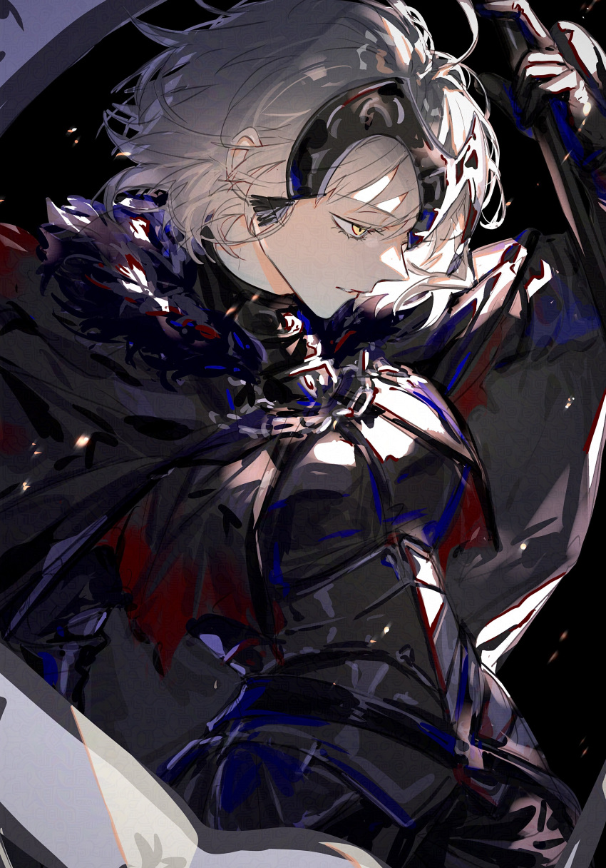 1girl, absurdres, ahoge, armor, armored_dress, black_armor, black_background, black_cape