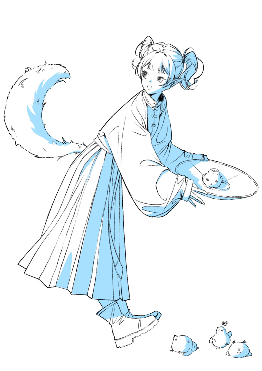 1girl, animal_ears, bad_source, bird, blue_theme, chick, chinese_clothes, dog_ears