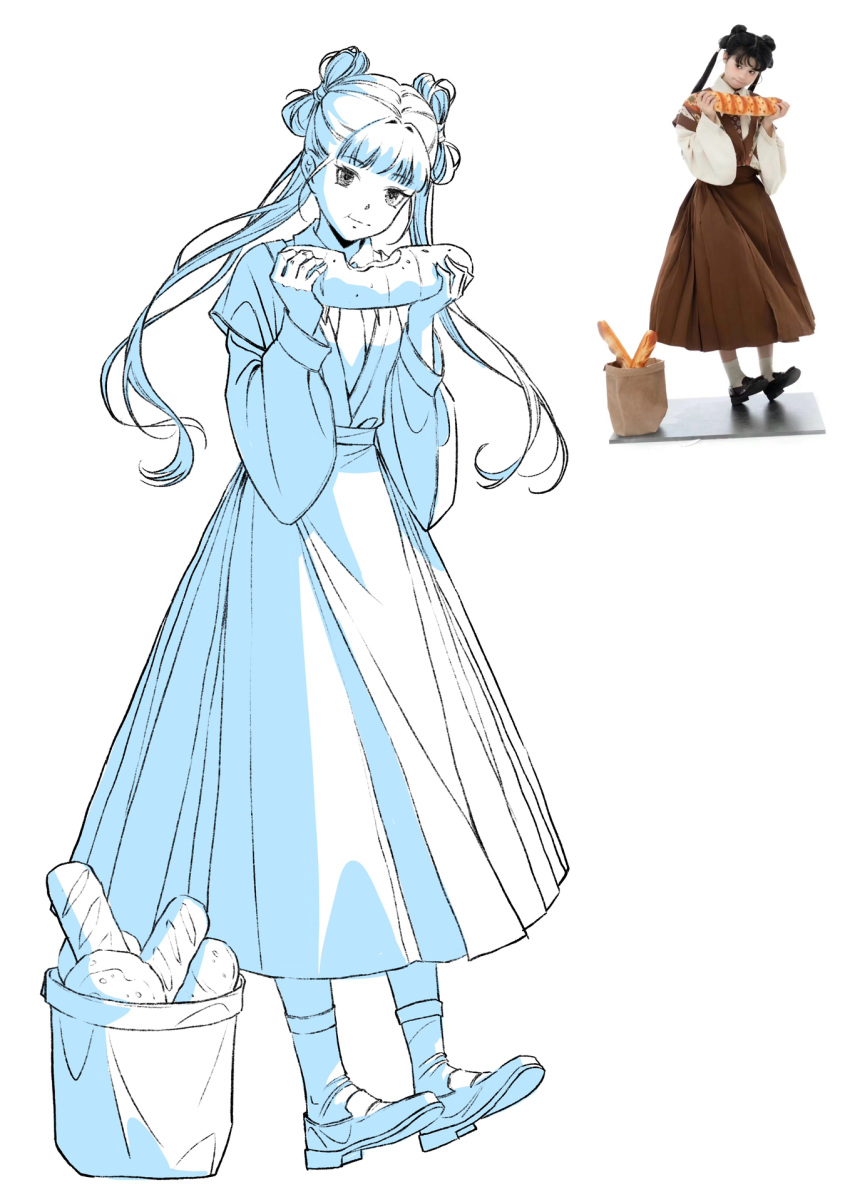1girl, bad_source, bread, chinese_clothes, double_bun, dress, eating, food, greyscale, hair_bun, hanfu, highres, holding, holding_food, jiaoling_ruqun, long_hair, long_sleeves, monochrome, original, partially_colored, puffy_sleeves, reference_inset, sanyu_weijian, shoes, shuangyaji, simple_background, socks, standing, twintails, white_background