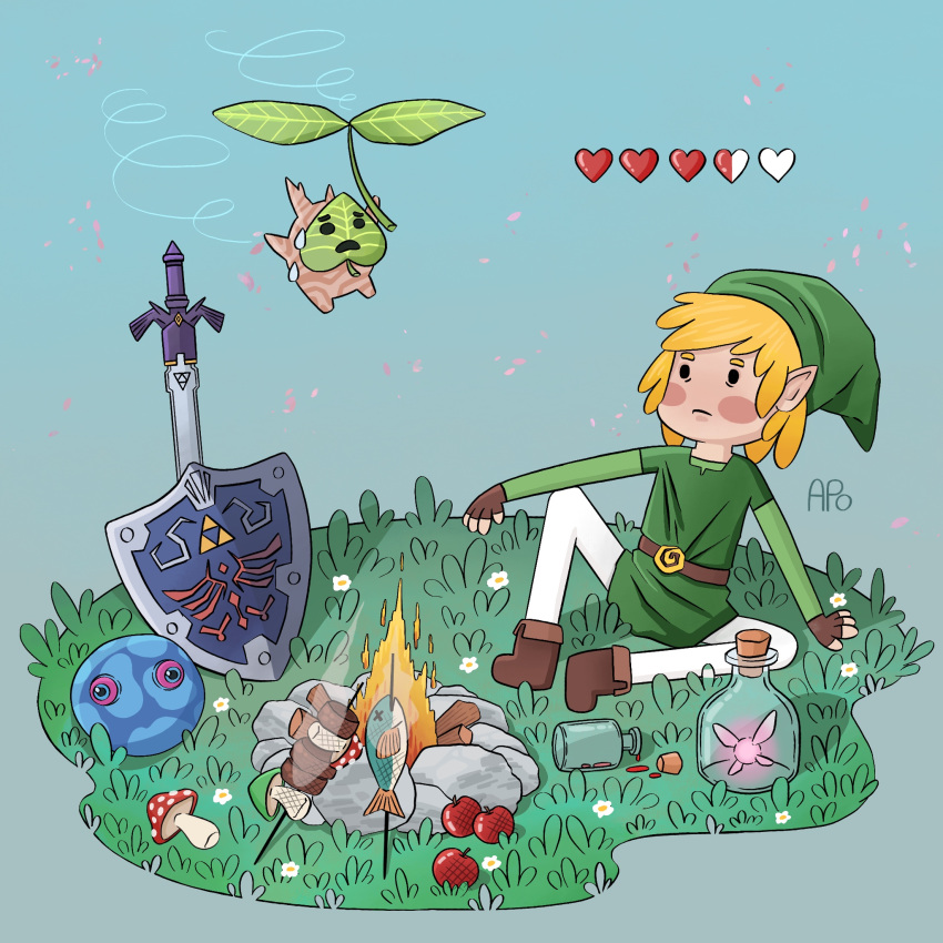 1boy, apolline_madeleine, arm_support, belt, blonde_hair, blush_stickers, bottle, brown_footwear