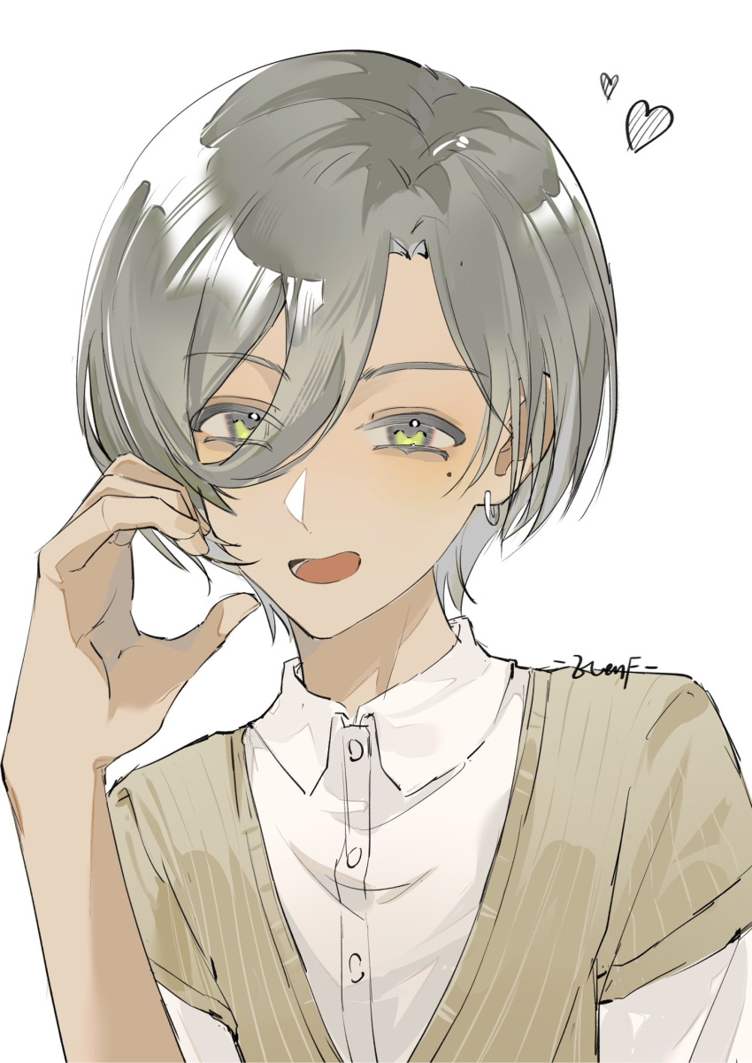 1girl, brown_sweater_vest, collared_shirt, commentary, dress_shirt, earrings, evenf, girls_band_cry