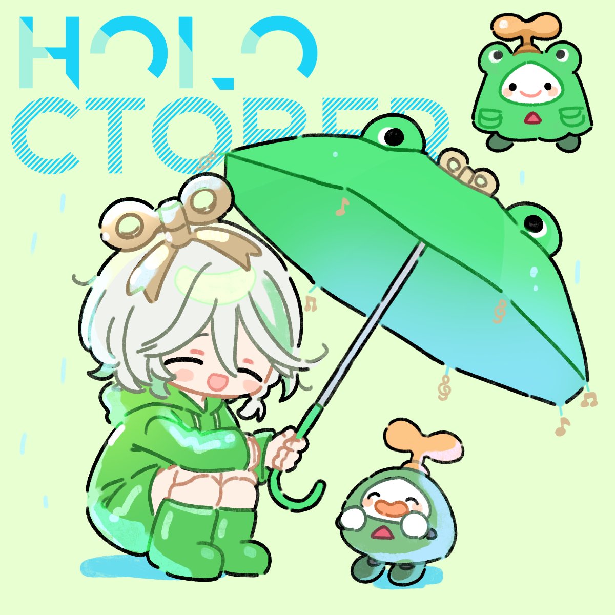 1girl, cecilia_immergreen, chibi, green_hair, grey_hair, highres, hololive, hololive_english, meopun_(meopen429), multicolored_hair, short_hair, smile, streaked_hair, umbrella, virtual_youtuber, winding_key