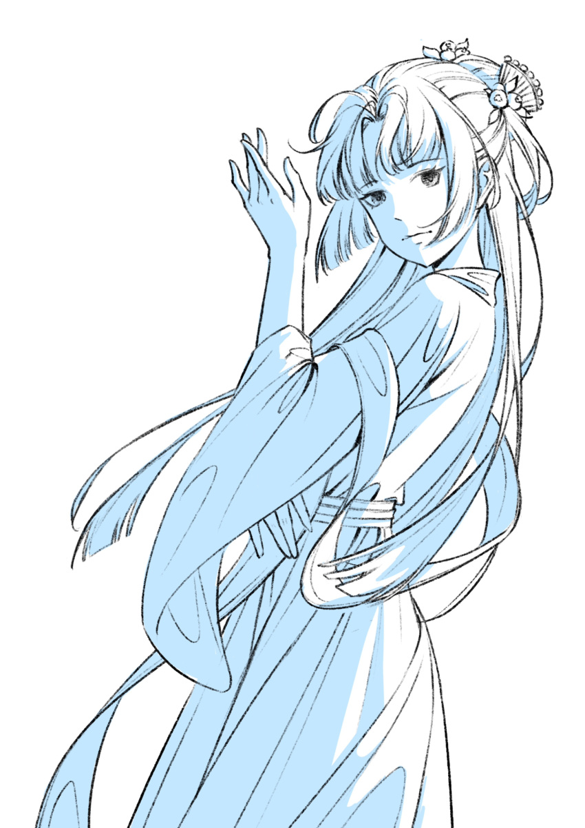 1girl, bad_source, blue_theme, chinese_clothes, flower, greyscale, grin, hair_flower