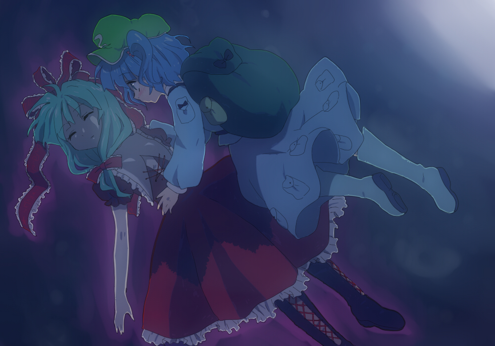 backpack, bag, blue_eyes, blue_hair, blush, bow, closed_eyes, eyes_closed