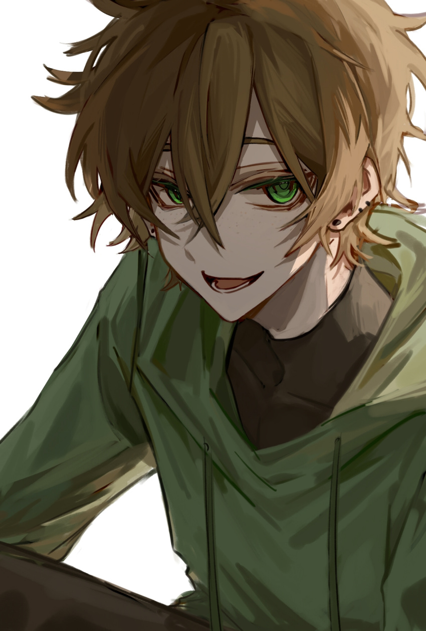 1boy, animification, asouhyn, bishounen, blonde_hair, commentary, dream_(youtuber), english_commentary, freckles, green_eyes, green_hoodie, highres, hood, hood_down, hoodie, looking_at_viewer, male_focus, minecraft_youtube, open_mouth, ringed_eyes, short_hair, simple_background, smile, solo, upper_body, white_background