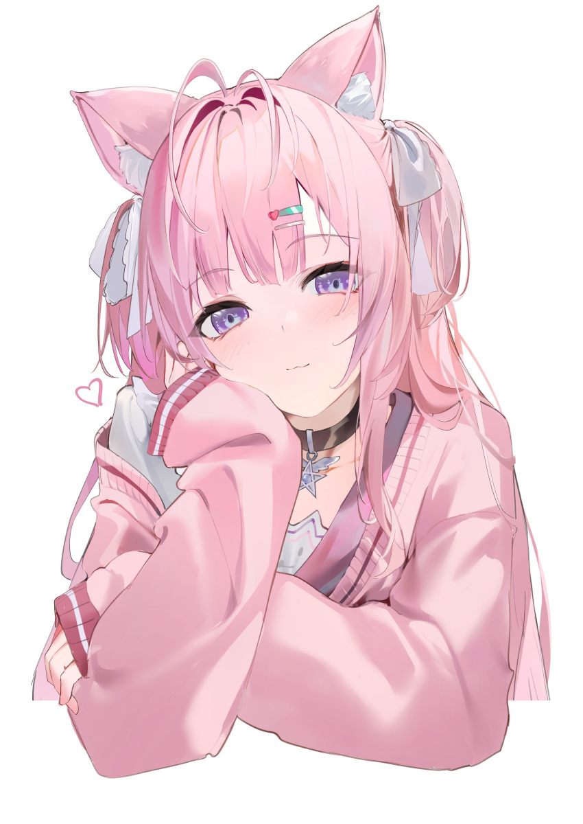 1girl, :3, absurdres, animal_ears, antenna_hair, black_choker, blush, cardigan