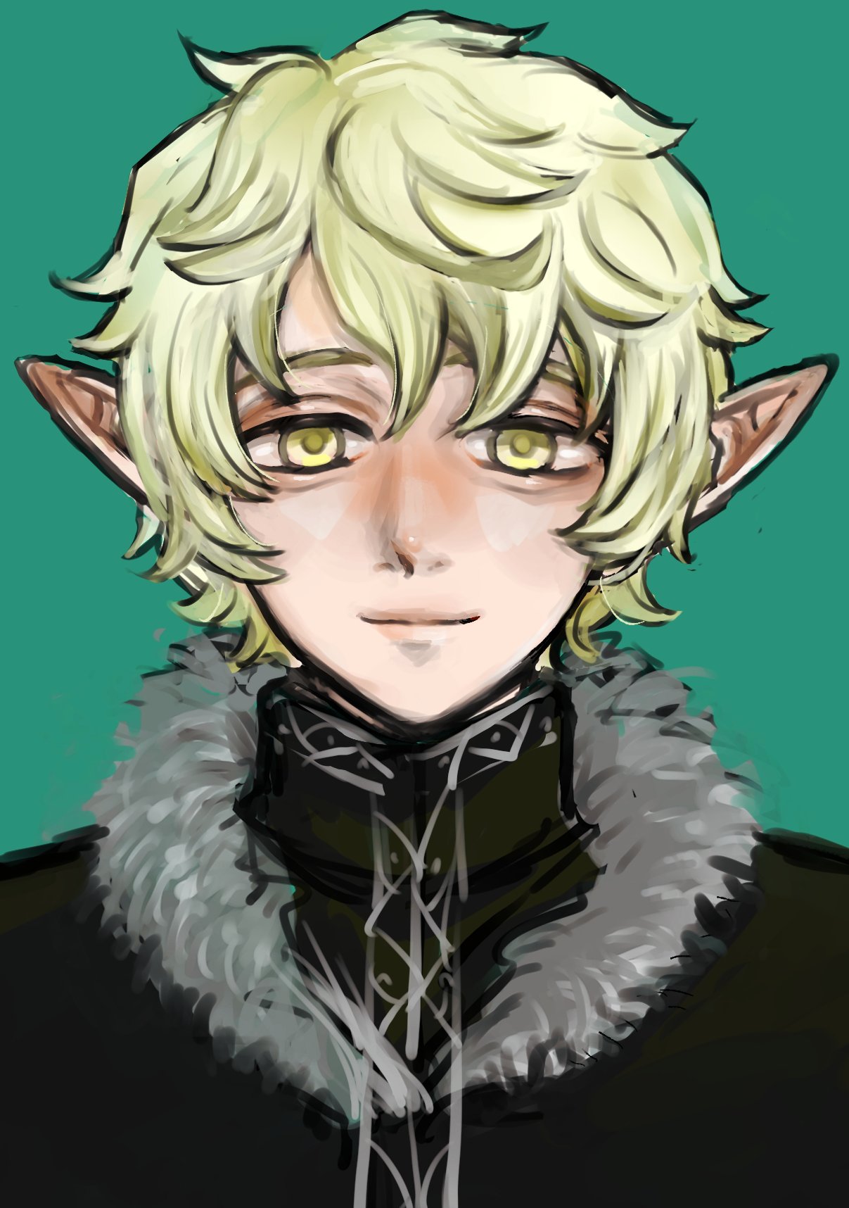 1boy, black_shirt, blonde_hair, dungeon_meshi, elf, fur_collar, green_background, high_collar, highres, looking_at_viewer, male_focus, mithrun's_brother, nigari512, pointy_ears, shirt, short_hair, simple_background, smile, solo, upper_body, wavy_hair, yellow_eyes
